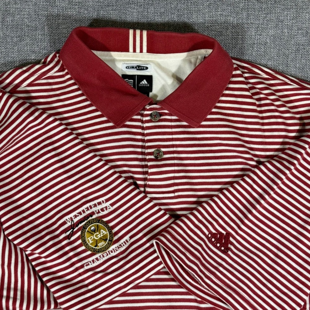 Adidas Polo Shirt Mens XL Red White Striped Golf Westfield Junior PGA Climalite